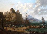 Adriaen Coorte A  mediterranean harbour scene with numerous figures on a que beneath a fort oil painting
